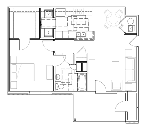 Floor plan for 1 bed, 1 bath, 812 sqft